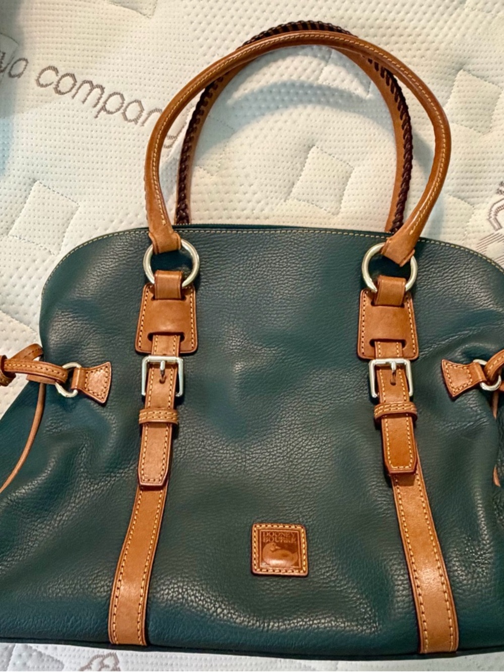 Dooney & Bourke Forest Green Leather Tote with Tan Trim - Picture 4 of 7